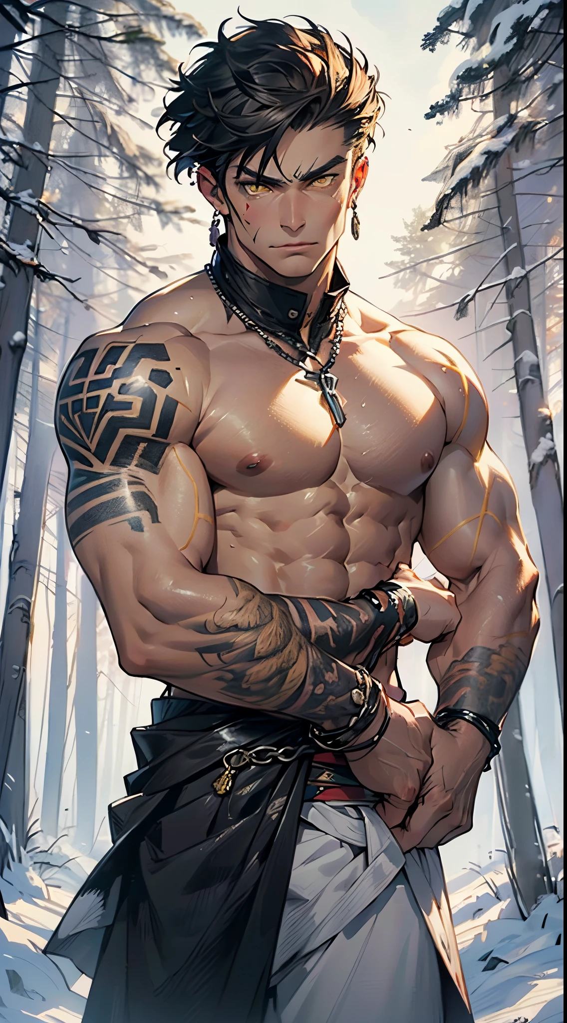 (((A man wolf,were wolf,werewolf))),no human,detailed lycanthrope,man animal,

epic, highly detailed feral canine man, sharp claws, furry art, furaffinity, sofurry,muscle,big muscle,pectoral,big pectoral, muscular,perfect body,(((yellow_eyes:1.3))),intricate eyes,((muscular:1.5)),((toned body)),

angry,((nsfw)),   

((muscle legs,muscular thighs,strong and muscular,muscular,(ABS:1.1))),fit,((arm muscles,leg muscles)),(bulky:1.2)),((expression is usually fierce and wild)),

(((bare chest,naked torso))),(black linen tunic, himation),((bulge in tunic)),((chains)),(earrings),(loincloth),(exposed navel),(((elaborate and intricate tattoo,tribal tattoos))),((tribal clothes:1.5)),(barbarian fur crop top),(wearing brown furs and hides),(leather straps),(((red war paint all over his body)))),(((intricate outfit,intricate clothes,ornate outfit))),

(dynamic pose:1.0),(centered,scale to fit dimensions,Rule of thirds),

((snowy pine forest at night)),with dark stormy clouds,winter,scenery:1.25,intricate scenery,((snow forest background)),Christmas tree,

(Glossy winter ornaments),highres,sharp focus,(ultra detailed,extremely detailed),(photorealistic artwork:1.37),(extremely detailed CG unity 8k wallpaper),(((vibrant colors,vibrant theme))),(intricate),(masterpiece),(best quality),