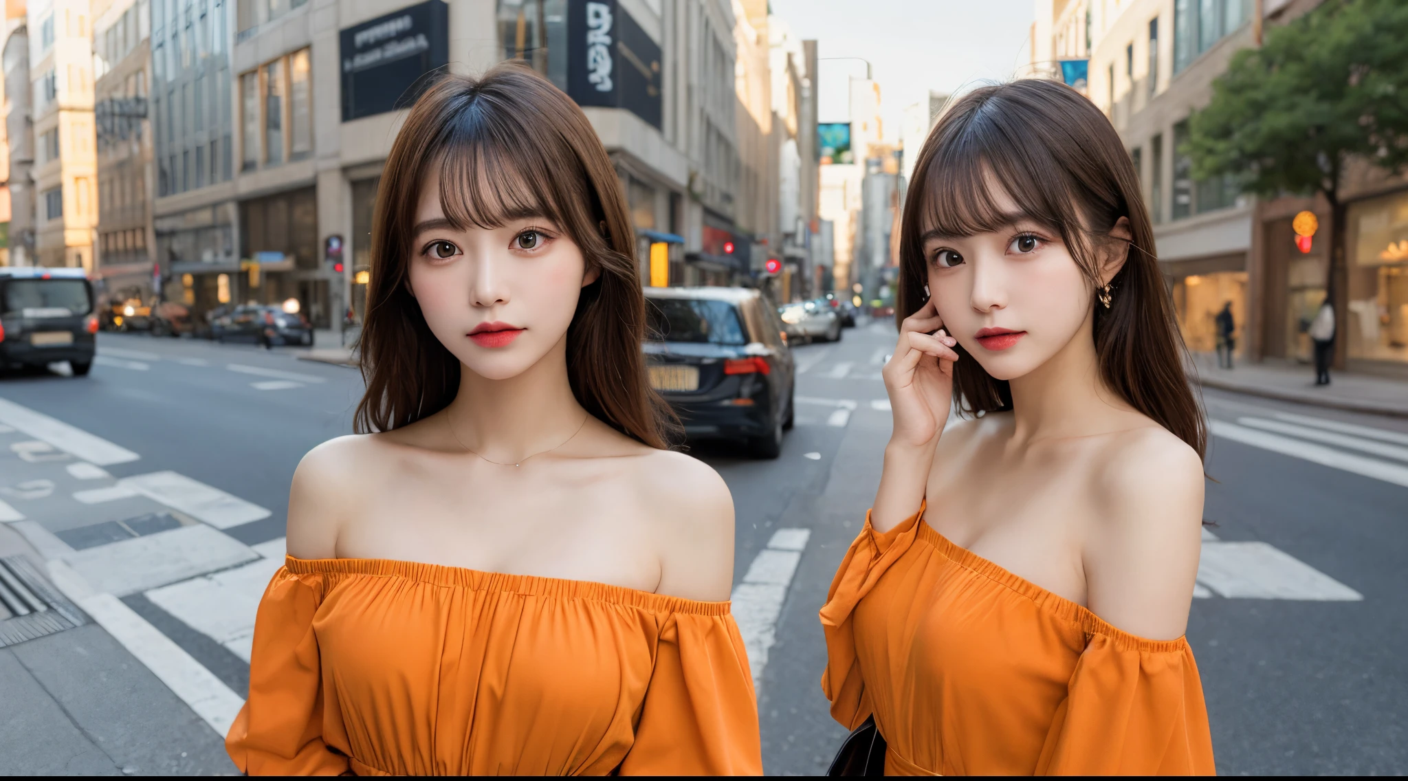 A woman wearing an orange dress posing on a street corner, Best quality at best, 1个Giant Breast Girl, Bigchest, daysies, bright, blur backgroun, bokeh, En plein air, (the street:0.8), (people, crowd of:0.8), (off the shoulder dress:1.2), a gorgeoaided bangs:1.2), beautiful detailed sky, (dynamicposes:1.2), gentlesoftlighting, ventania, Glossy glossy skin, (The upper part of the body:0.8), (freckle:0.8), Moles under the mouth,