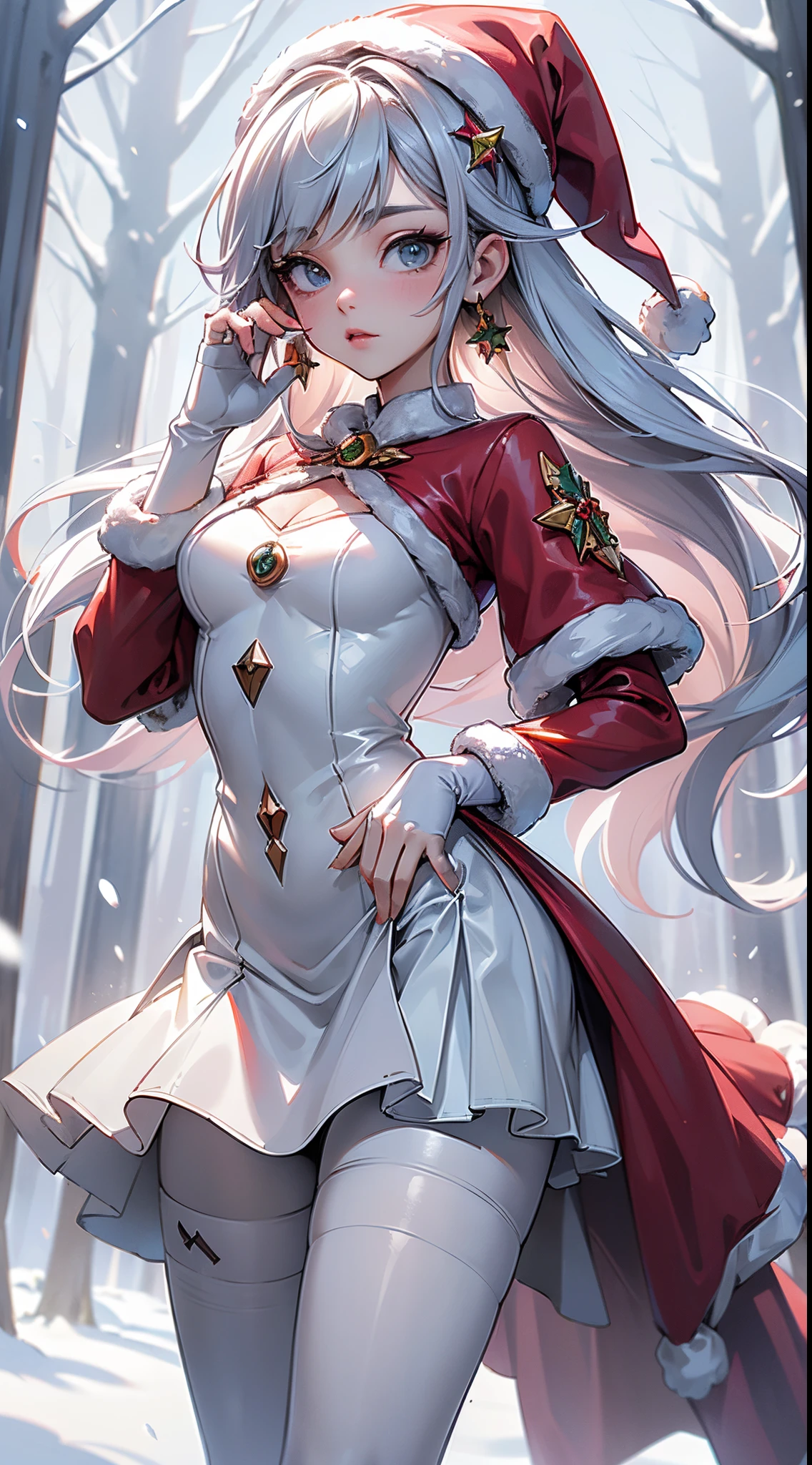 Ariana Grande  vestido con un traje de pie sobre un puente., y 2 k cutecore clowncore, Traje de sirvienta, Loli en vestido, Traje con volantes,(mini traje santa claus:1.4), (botas white muslo),(Medias white encaje), de un catboy! Sirvienta! vestido, fancy suit, Chica de anime con disfraz de sirvienta, vestido de sirvienta, vestido con volantes ((harapiento)), cuerpo completo! cara bonita,,More detailed 8K.motor irreal:1.4,UHD,La mejor calidad:1.4, fotorrealista:1.4, textura de la piel:1.4, obra maestra:1.8,obra-prima, mejor calidad,objeto Objeto], (detailed face features:1.3),(manos detailed),((Las proporciones correctas)),(Ojos hermosos azules),convexo，(Dedos de camello)，(background forest white trees snow falling:1.4) ,(Copos de nieve:1.4),(Mostrar panties encaje white:1.4)