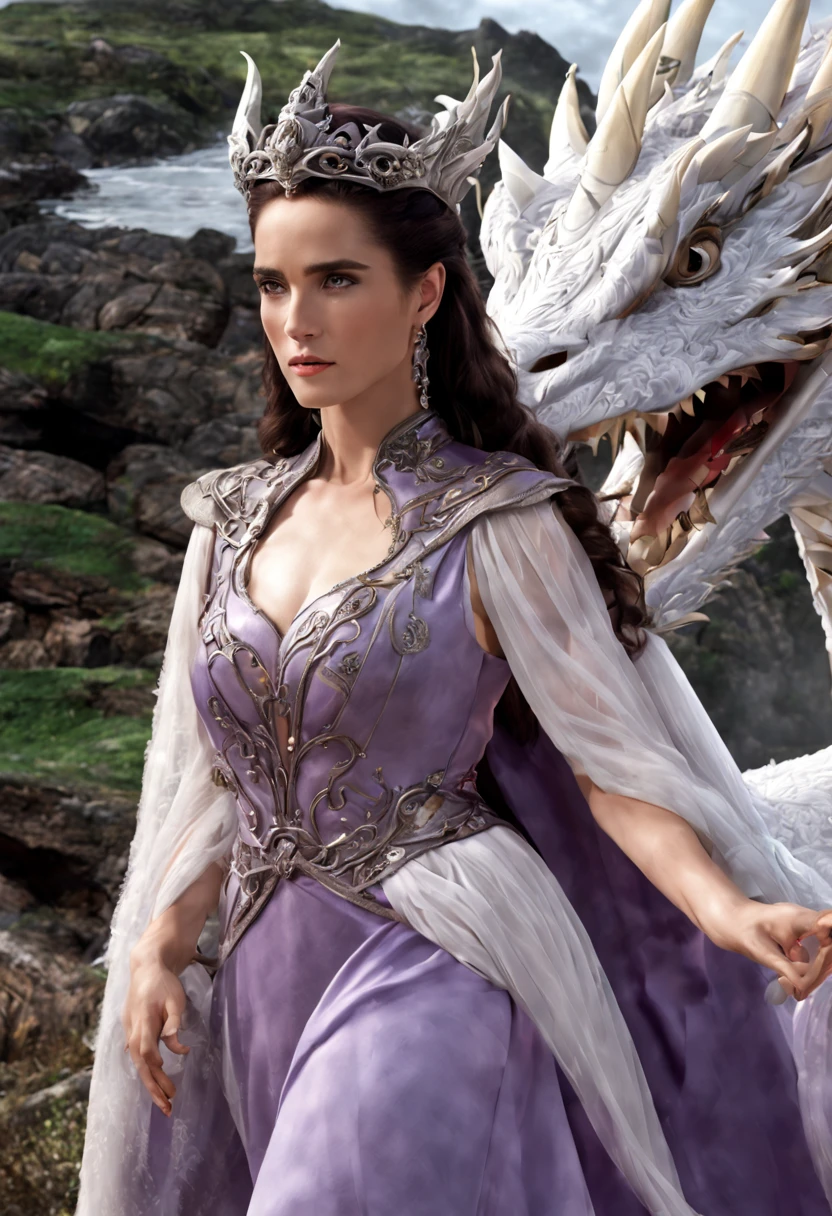 Queen of the White Dragon, mulher madura jovem, "Jennifer Connelly", Orelhas longas de elfos, elegant lilac Ruby dress, mama grande, Curvy, dragon ling vawy hair, Cabelos Super Longos, soft facial features, White dragon horns on his head, Mulher majestosa, silver decoration on her Ruby lilac dress, Rainha Estrela Prateada, Grandes olhos azuis, cherry lips, White dragons, starly sky
