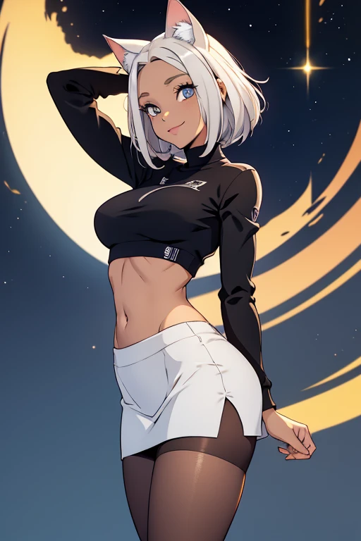 foto de corpo inteiro,cat ears on the head of a beautiful young woman wearing a short skirt, usando meias preta longas e sueter branco apertado,corpo inteiro na foto,floresta a noite varias luzes,belas coxas, coxas lindas belhos olhos pretos, olhos pretos detalhados., sueter branco apertado,maio apertado , tight pantyhose, mini saia , ceu limpo a noite com estrelas numafloresta a noite,short curto linda jovem, olhos sedutores feminino.CABELO CURTO PRETO((CABELOS CURTO PRETO)) belos olhos , sorriso lindo