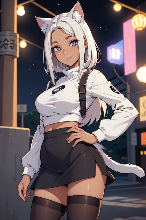 foto de corpo inteiro,cat ears on the head of a beautiful young woman wearing a short skirt, usando meias preta longas e sueter branco apertado,corpo inteiro na foto,floresta a noite varias luzes,belas coxas, coxas lindas belhos olhos pretos, olhos pretos detalhados., sueter branco apertado,maio apertado , tight pantyhose, mini saia , ceu limpo a noite com estrelas numafloresta a noite,short curto linda jovem, olhos sedutores feminino.CABELO CURTO PRETO((CABELOS CURTO PRETO)) belos olhos , sorriso lindo