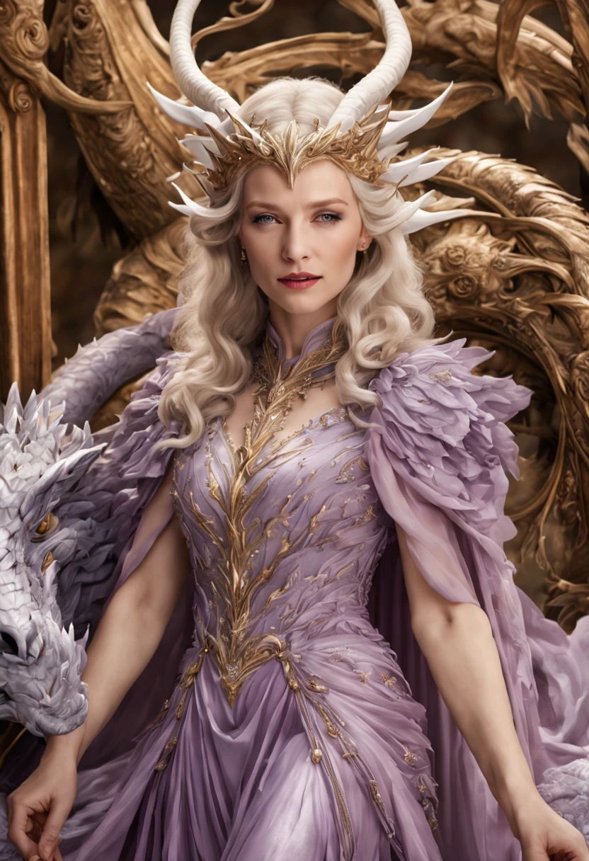 Queen of the White Dragon, mulher madura jovem, "Galadriel, Cate Blanchett", Orelhas longas de elfos, elegant lilac Ruby dress, mama grande, Curvy, dragon ling vawy hair, Cabelos Super Longos, soft facial features, White dragon horns on his head, Mulher majestosa, silver decoration on her Ruby lilac dress, Rainha Estrela Prateada, Grandes olhos azuis, cherry lips, White dragons, starly sky
