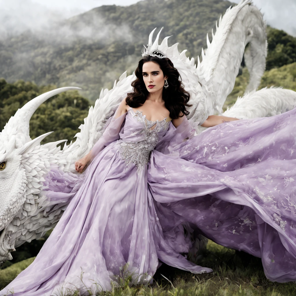 Queen of the White Dragon, mulher madura jovem, "Jennifer Connelly", Orelhas longas de elfos, elegant lilac Ruby dress, mama grande, Curvy, dragon ling vawy hair, Cabelos Super Longos, soft facial features, White dragon horns on his head, Mulher majestosa, silver decoration on her Ruby lilac dress, Rainha Estrela Prateada, Grandes olhos azuis, cherry lips, White dragons, starly sky.