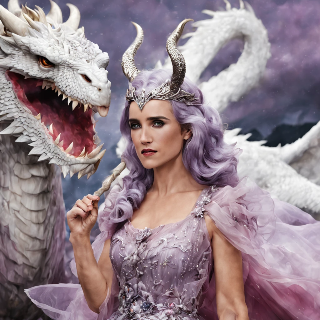 Queen of the White Dragon, mulher madura jovem, "Jennifer Connelly", Orelhas longas de elfos, elegant lilac Ruby dress, mama grande, Curvy, dragon ling vawy hair, Cabelos Super Longos, soft facial features, White dragon horns on his head, Mulher majestosa, silver decoration on her Ruby lilac dress, Rainha Estrela Prateada, Grandes olhos azuis, cherry lips, White dragons, starly sky.