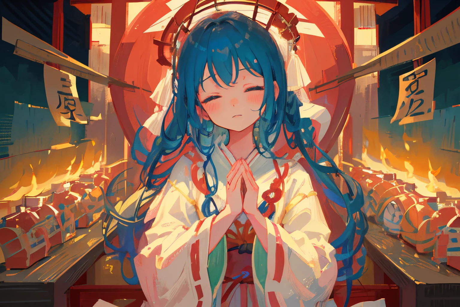Creating an illustration of a girl making her first shrine visit (hatsumode) at a Shinto shrine. The girl has her eyes closed and hands clasped in prayer, aiming for an overall fantastical and nostalgic atmosphere with intricate details. The goal is to produce a high-quality illustration that captures the essence of the moment, delivering a magical and finely crafted artwork