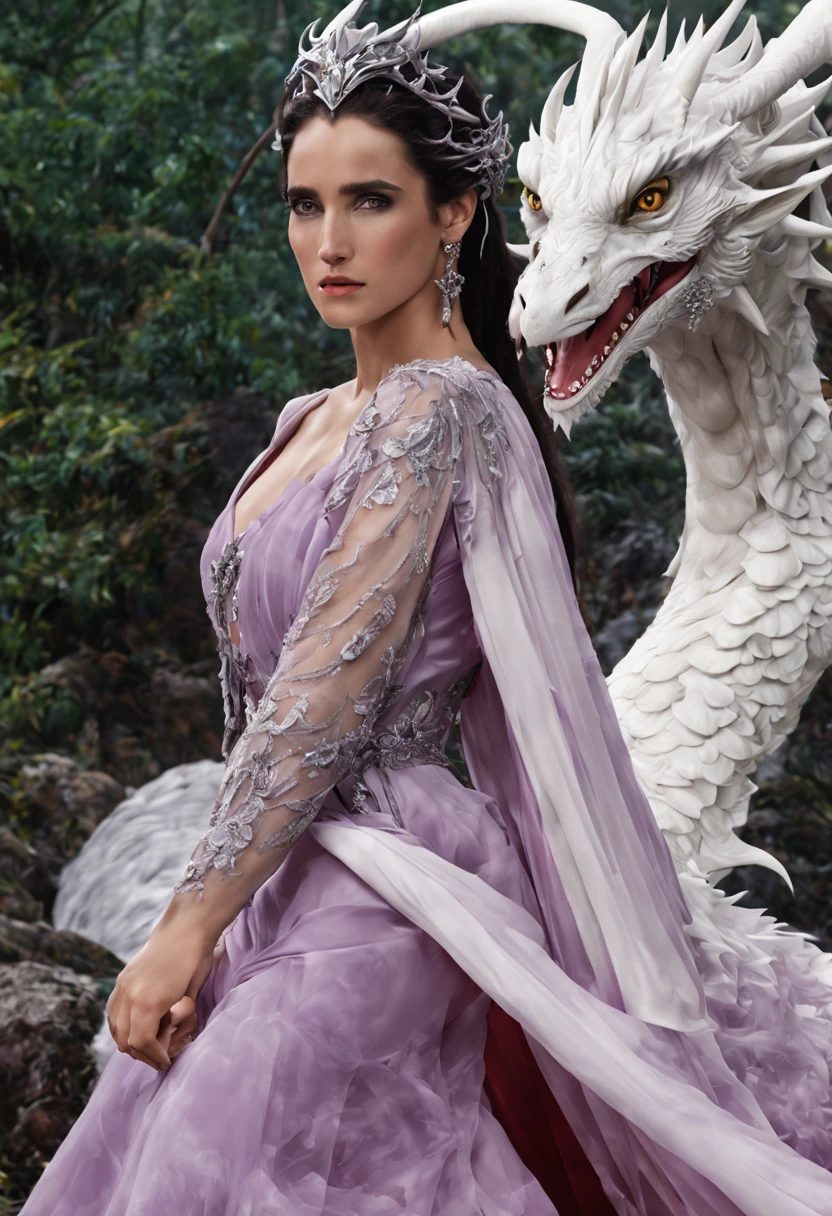 Queen of the White Dragon, mulher madura jovem, "Jennifer Connelly", Orelhas longas de elfos, elegant lilac Ruby dress, mama grande, Curvy, dragon ling vawy hair, Cabelos Super Longos, soft facial features, White dragon horns on his head, Mulher majestosa, silver decoration on her Ruby lilac dress, Rainha Estrela Prateada, Grandes olhos azuis, cherry lips, White dragons, starly sky