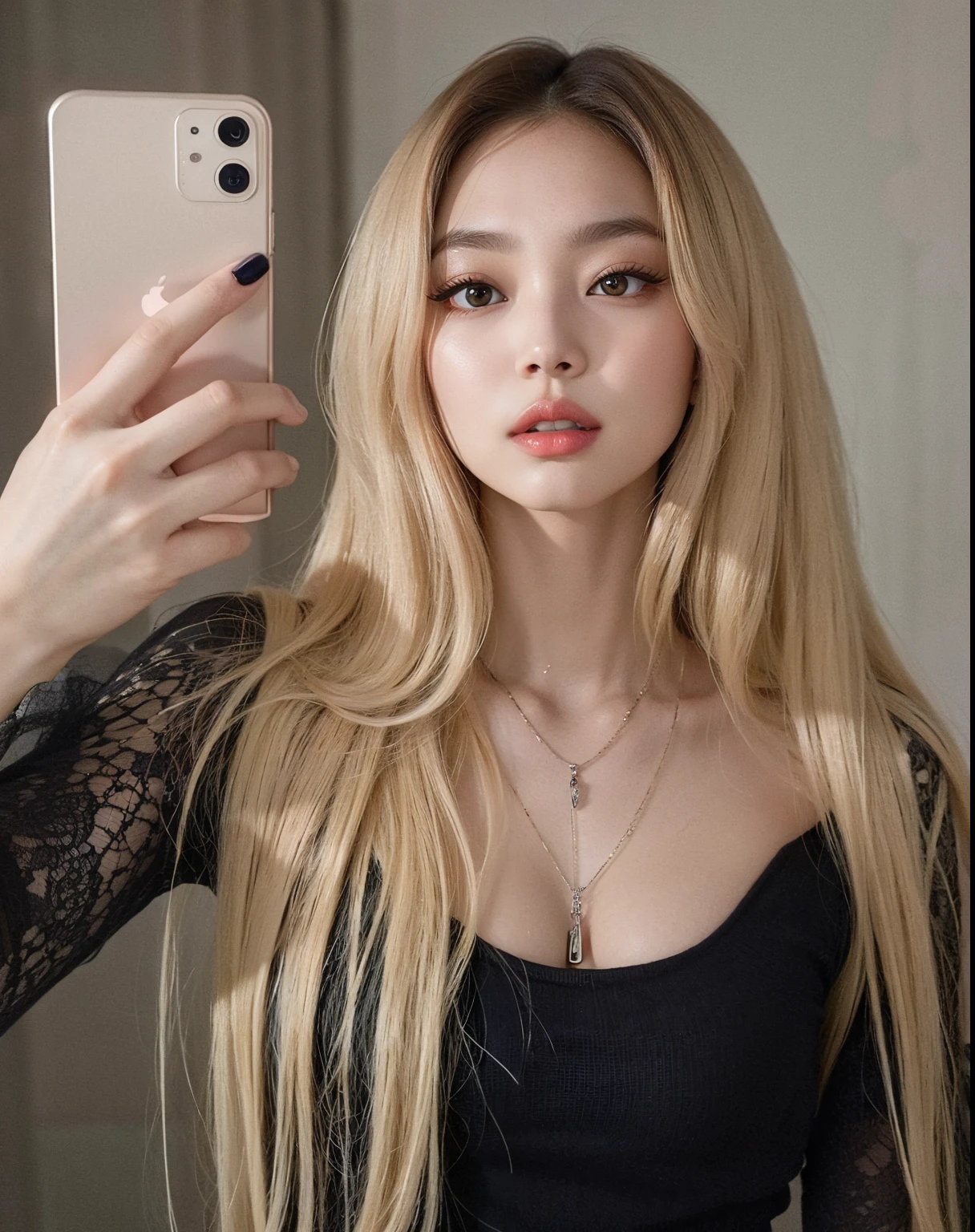 Blonde Rosé taking a selfie in a mirror with a cell phone, longos cabelos loiros e olhos grandes, ava max, longos cabelos loiros e olhos grandes, 18 anos, com longos cabelos loiros, 1 6 anos, Anna Nikonova aka Newmilky, com longos cabelos loiros, 19-year-old girl, with long hair and piercing eyes Rosé blackpink