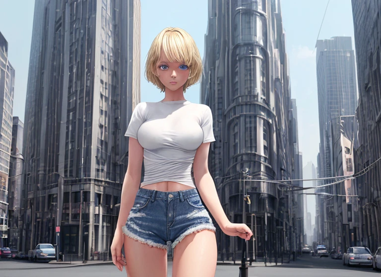 1girl, short blond hair, blue eyes, wearing tight white shirt, denim shorts, city, absurdres, high res, ultrasharp, 8K, masterpiece, looking at viewer