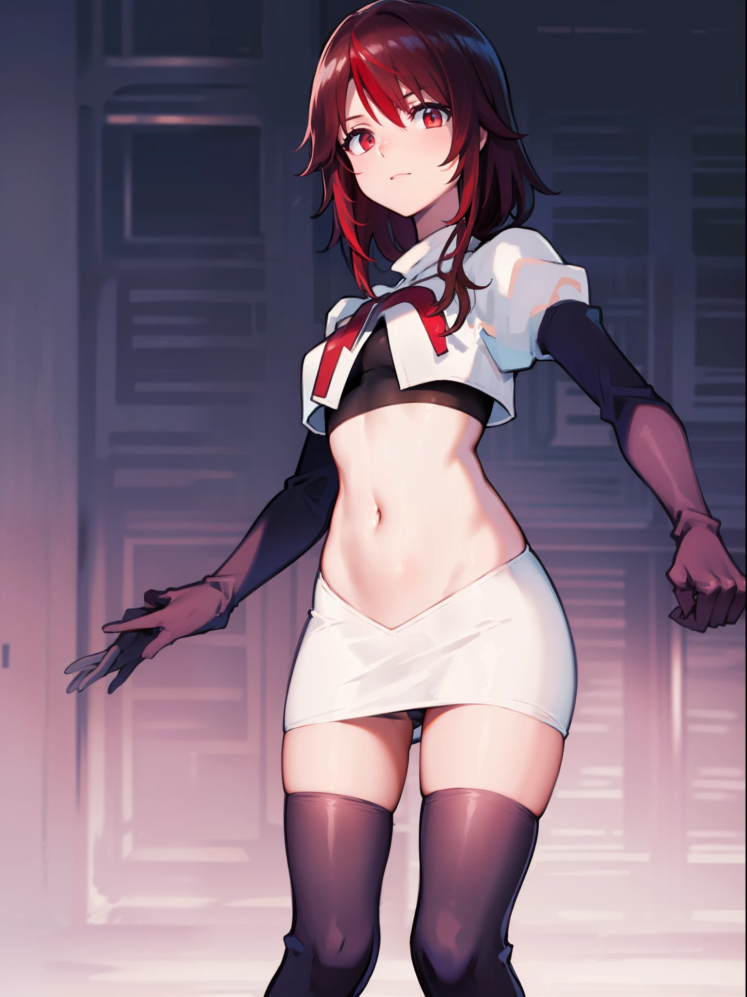rosariarnd, team rocket,team rocket uniform, red letter R, white skirt,white crop top,black thigh-highs,black elbow gloves