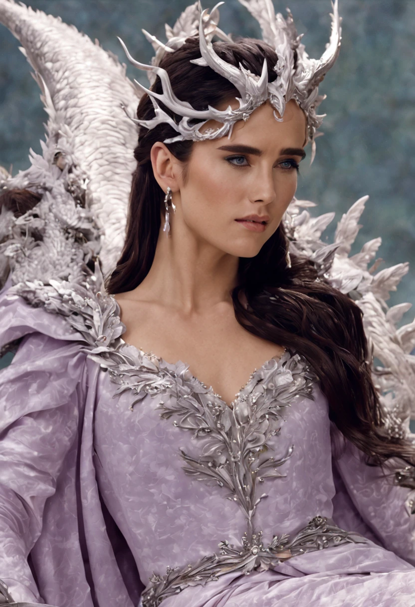 Queen of the White Dragon, mulher madura jovem, "Jennifer Connelly", Orelhas longas de elfos, elegant lilac Ruby dress, mama grande, Curvy, dragon ling vawy hair, Cabelos Super Longos, soft facial features, White dragon horns on his head, Mulher majestosa, silver decoration on her Ruby lilac dress, Rainha Estrela Prateada, Grandes olhos azuis, cherry lips, White dragons, starly sky