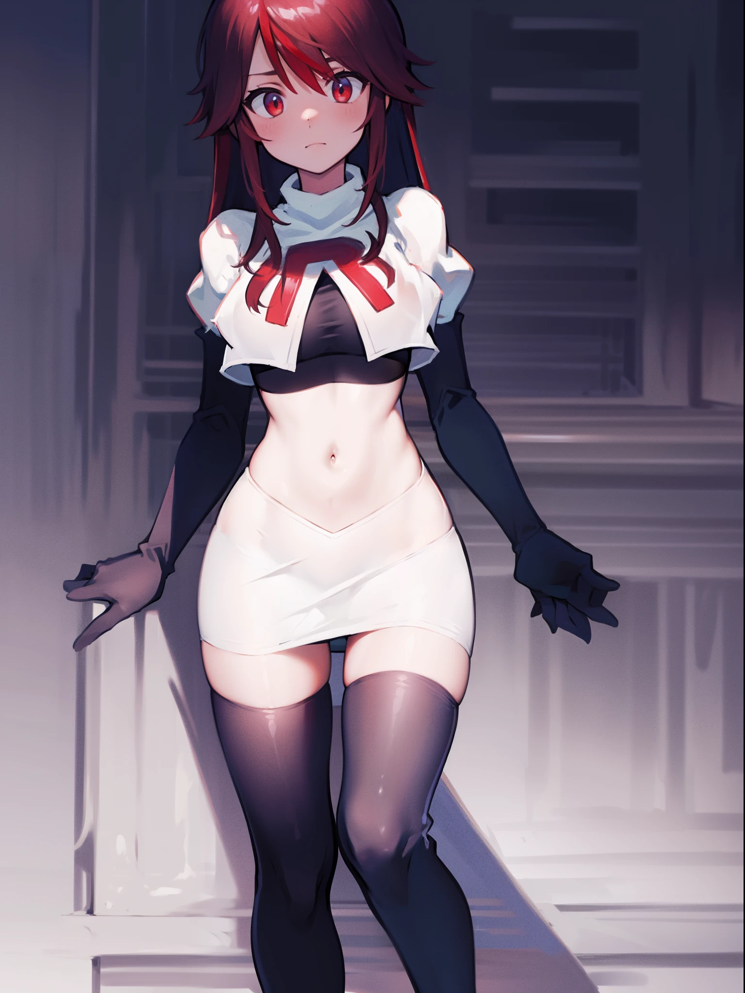 rosariarnd, team rocket,team rocket uniform, red letter R, white skirt,white crop top,black thigh-highs,black elbow gloves