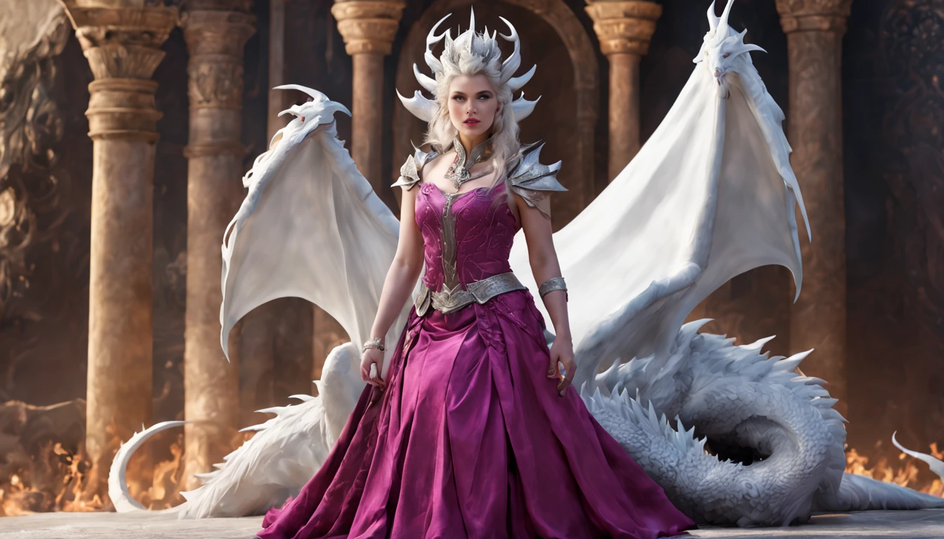 Queen of the White Dragon, mulher madura jovem, "Ema Stones", orelhas longas de elfos, vestido magenta elegante, mama grande, Curvy, dragon ling vawy hair, Cabelos Super Longos, soft facial features, White dragon horns on his head, mulher majestosa, silver decoration on her magenta dress, Rainha Estrela Prateada, Grandes olhos azuis, cherry lips, White dragons, starly sky