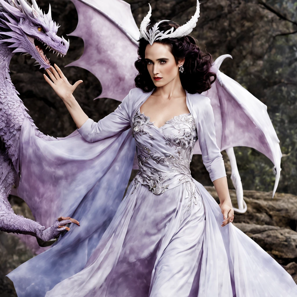 Queen of the White Dragon, mulher madura jovem, "Jennifer Connelly", Orelhas longas de elfos, elegant lilac Ruby dress, mama grande, Curvy, dragon ling vawy hair, Cabelos Super Longos, soft facial features, White dragon horns on his head, Mulher majestosa, silver decoration on her Ruby lilac dress, Rainha Estrela Prateada, Grandes olhos azuis, cherry lips, White dragons, starly sky.