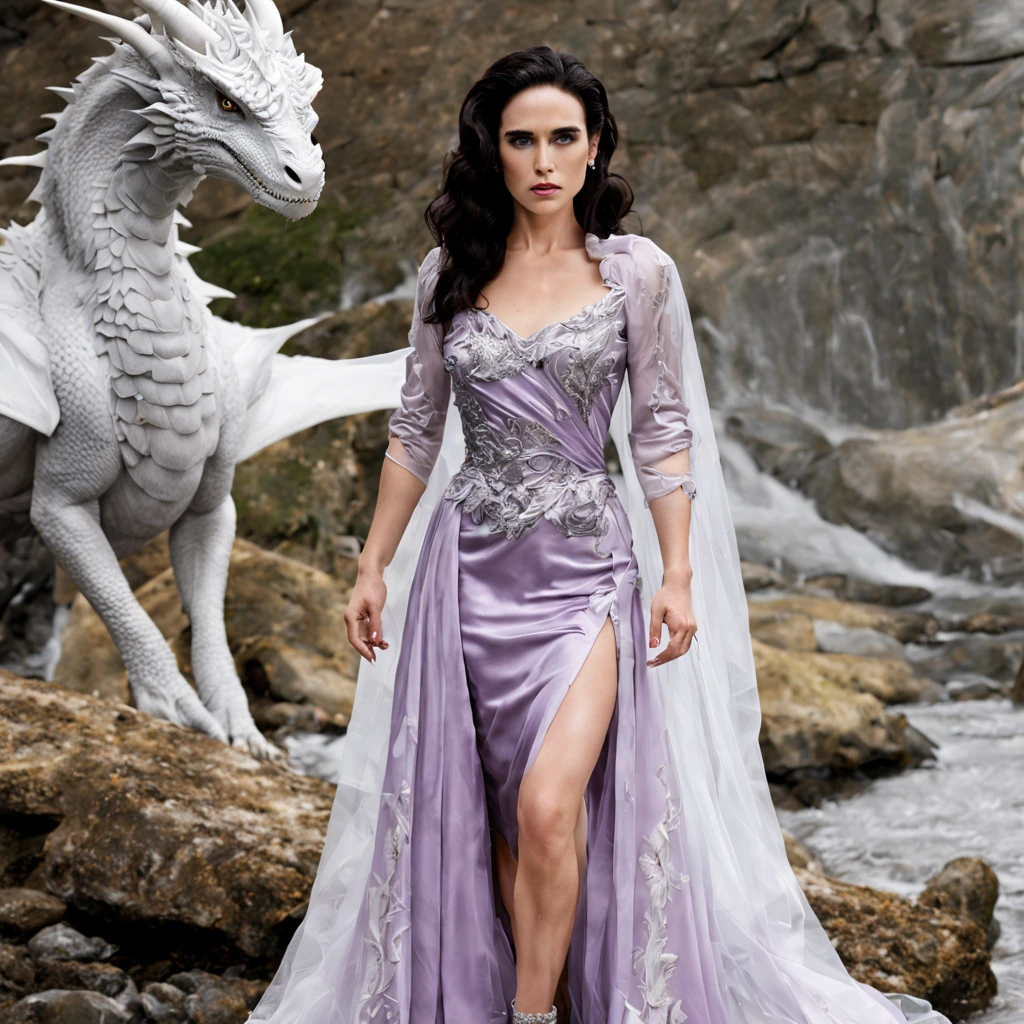 Queen of the White Dragon, mulher madura jovem, "Jennifer Connelly", Orelhas longas de elfos, elegant lilac Ruby dress, mama grande, Curvy, dragon ling vawy hair, Cabelos Super Longos, soft facial features, White dragon horns on his head, Mulher majestosa, silver decoration on her Ruby lilac dress, Rainha Estrela Prateada, Grandes olhos azuis, cherry lips, White dragons, starly sky.