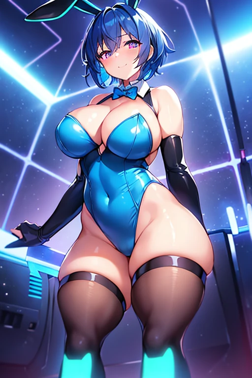 1girl, large breasts, wide hips, thick thgihs, blue hair, very short hair, short hair, purple eyes, bunnysuit, science-fiction, tech, futuristic, machinery, smile, light smile, neon, neon trim, blue neon trim, black bunnysuit, bunny ears, rabbit ears, cutout