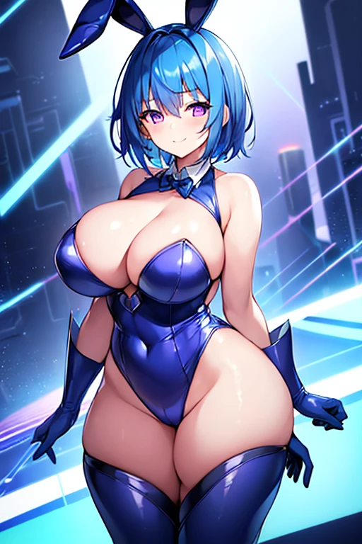 1girl, large breasts, wide hips, thick thgihs, blue hair, very short hair, short hair, purple eyes, bunnysuit, science-fiction, tech, futuristic, machinery, smile, light smile, neon, neon trim, blue neon trim, black bunnysuit, bunny ears, rabbit ears, cutout