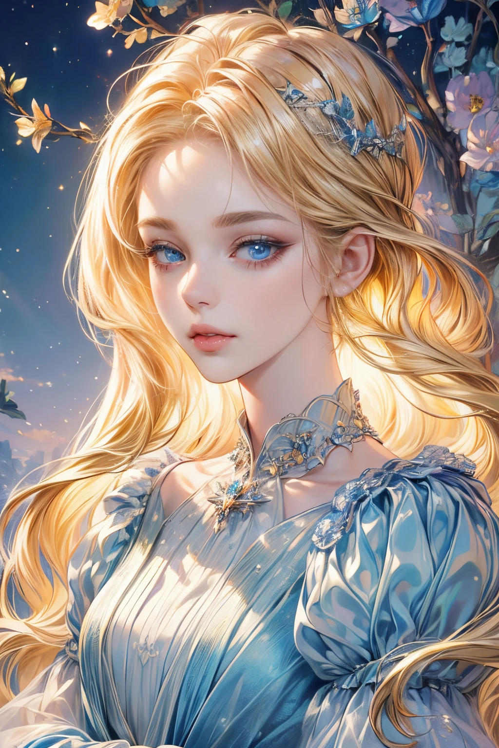 (best quality:1.4), (masterpiece:1.4), ultra-high resolution, 8K, CG, (exquisite:1.2), upper body, lonely, Thumbelina, little princess, blue taffeta court dress, forest background, detailed facial features, blonde hair, almond-shaped eyes, detailed eye makeup, long eyelashes, blue eyes with a starry gaze, exquisite lip details, soft and harmonious style