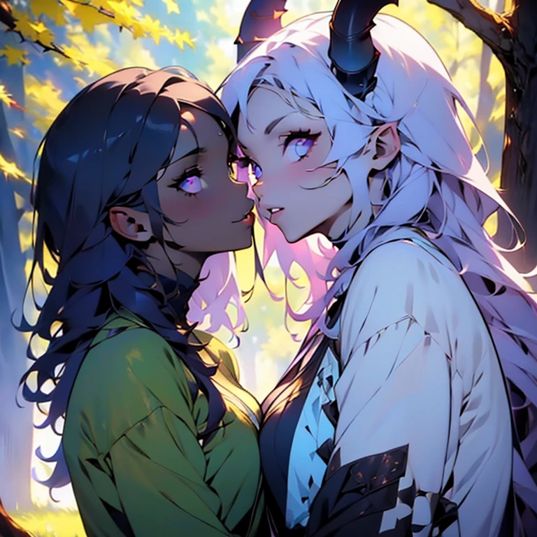 (masterpiece, best quality, 8k, sharp focus, depth of field, best shadows, perfect lights, HDR, realistic skin texture, ultra-detailed background, detailed), anime style, 2 women kissing (one of them has purple eyes, white skin, white hair, purple horns, average breasts, athletic, makeup, eyeliner), (the other woman has black hair, white skin, green eyes, no horns), at a spring, fantasy theme, forest.