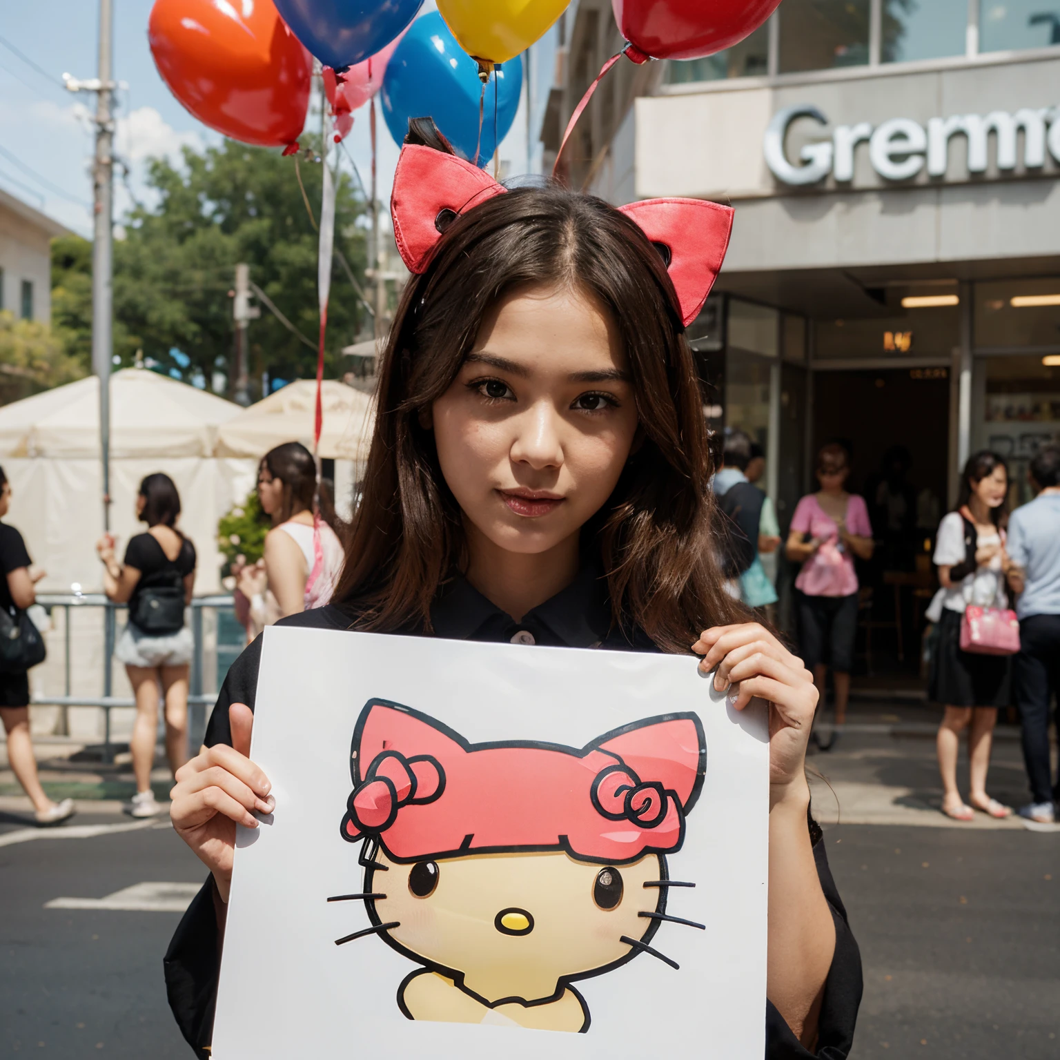 Hello kitty holding a sign that says G+E