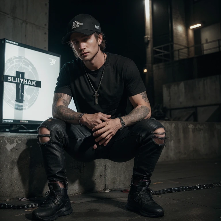 "(29-year-old Caucasian male in high quality and resolution, detailed face, full body) wearing an ultra-realistic streetwear:1.2 with a plain black shirt and a black trucker cap, black jeans with rips at knees, black boots, chain with cross pendant. Surrounded by a dystopian cyberpunk nightscape. "