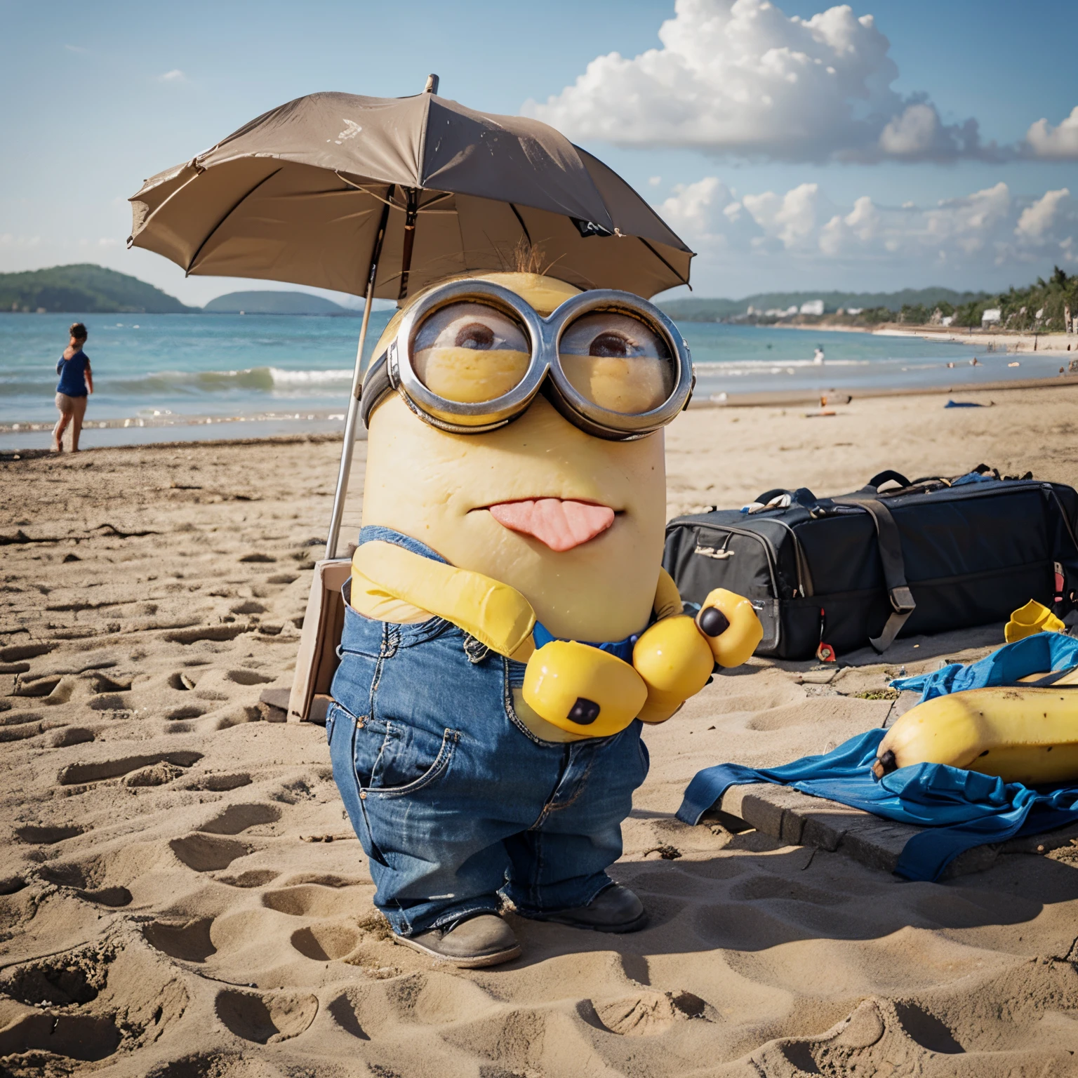 A minion eating a banana sad in a beach
