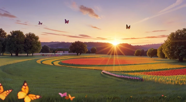 Butterflies a vibrant parade through a meadow at sunset,