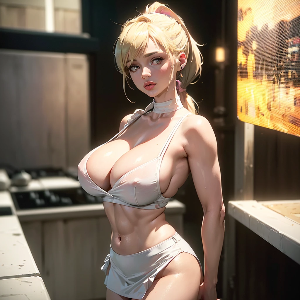 ((best quality: 1.4)),((masterpiece: 1.4)),((highly detailed: 1.4)),8K,RAW,((photografic: 1.4)),bokeh,sharpeness,((cinematic: 1.4)),Super-resolution,Super-realistic,Super-resolution,volumetric,ant-aliasinuted colors: 1.4)),UHD,HDR,high details,contour,((deep of field: 1.4)),grain,noise,reflections,70mm lenses,((solo woman with kitchen house)),((full body view)),((huge : 1.0)),((white half open shirt)),((pink miniskirt)),earrings((blonde hair,ponytail: 1.3)),((hollywood lips: 1.4)),((pale skin: 1.2)),((body abs: 1.1)),
