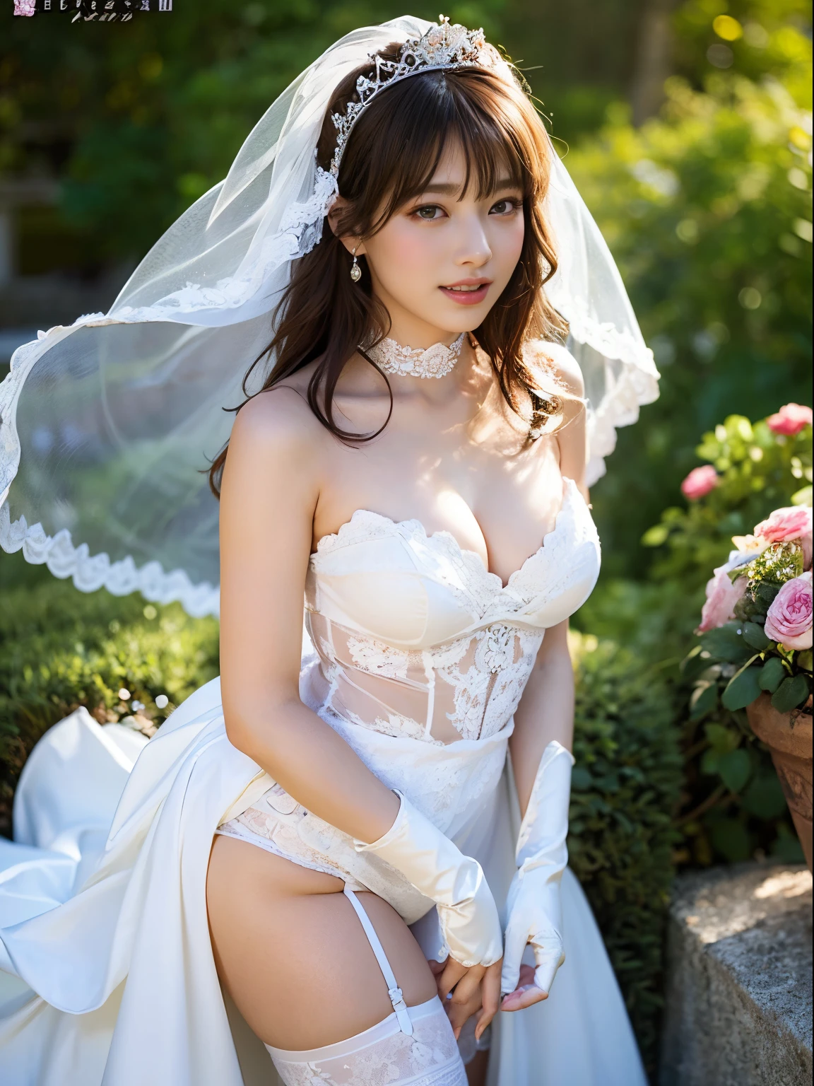 Highly detailed CG Unity 8K wallpapers、top-quality、ultra-detailliert、masterpiece、realisitic、Photorealistic highly detailed cute girl、(25-years old)、red blush、round idium chest、cleavage of the breast、Semi-body shots、White wedding dresses、Valley、landscaped gardens、(white princess line wedding dress、Bridal tiara、White choker、White lace gloves、white panty hose:1.2),(White skirt、Beautiful embroidery、White lace garter belt:1.2),Beautiful necklaces、The whole body is reflected、Staring straight ahead、Mouth ajar、Enchanted、A wistful look、Ecstatic face、cum faced、Standing、The whole body is reflected.