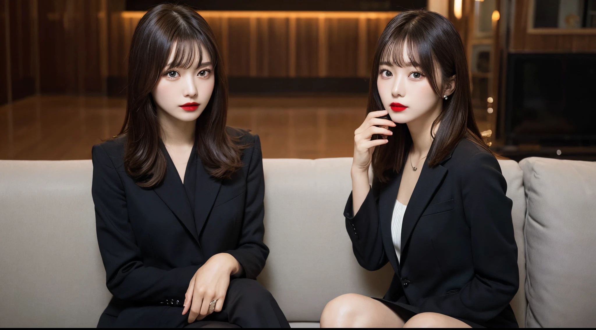 1 persons, sitting in the couch, Take it, brunette color hair, 黑The eye, Redlip, Black suit, qualm, Tangles, tmasterpiece, Best quality