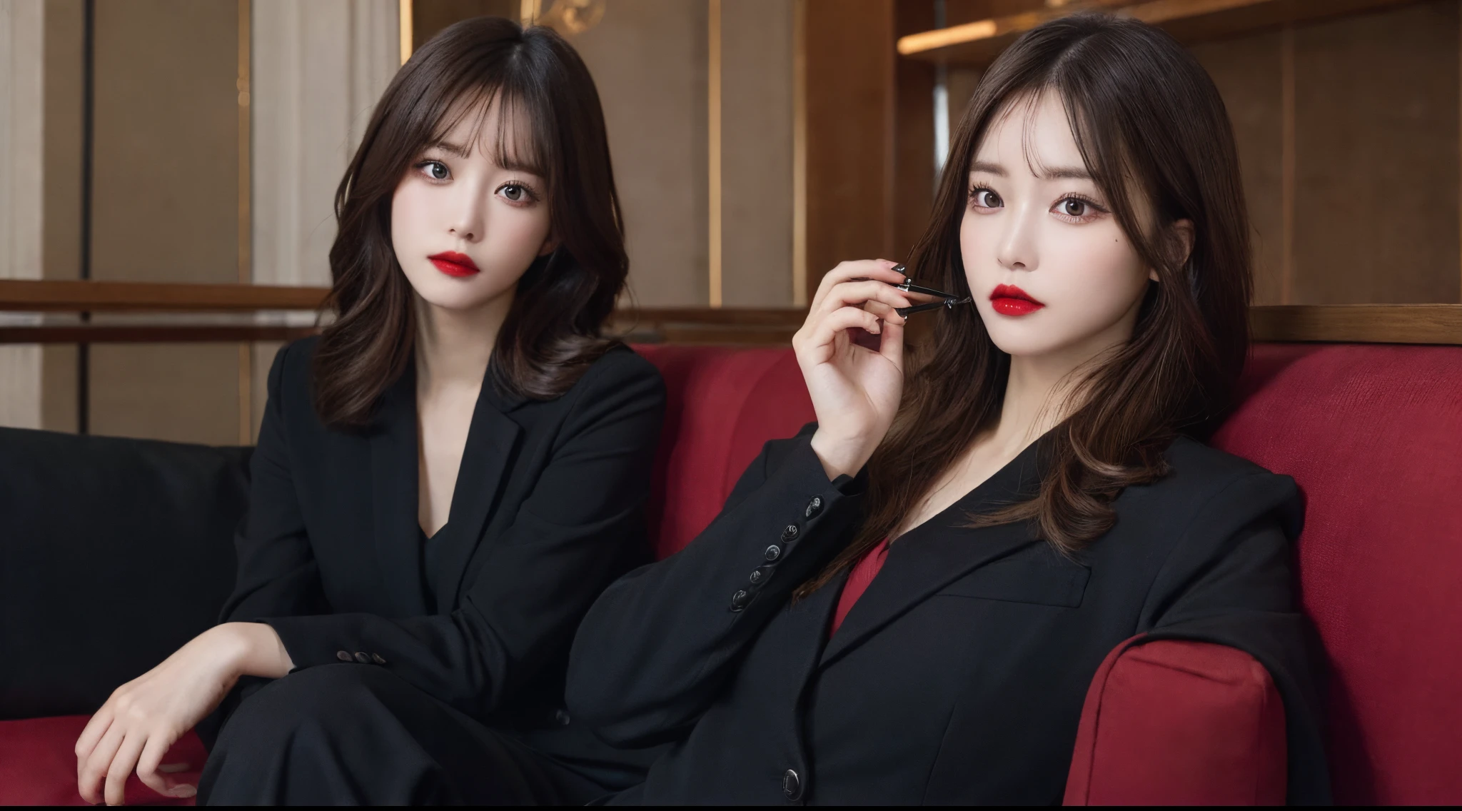 1 persons, sitting in the couch, Take it, brunette color hair, 黑The eye, Redlip, Black suit, qualm, Tangles, tmasterpiece, Best quality