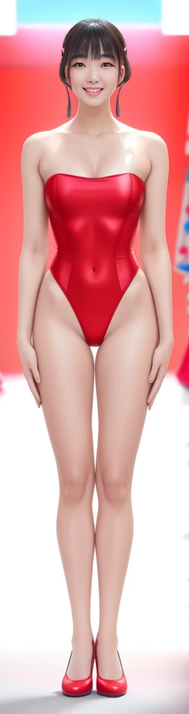 On the white background,A tall and beautiful Chinese girl,with fair skin,Toothy smile,A big smile,When you laugh, Your eyes are crescent-shaped,fringe,Wear a one-piece swimsuit and pumps,Swimsuits are decorated with joyful patterns, Stand up straight,Stand upright,hands on sides,Symmetrical distribution,Ray tracing,All shaded areas,No windows, Soft lighting, Warm light,Without sunlight, Studio light, 1.4x Realistic Ultra HD