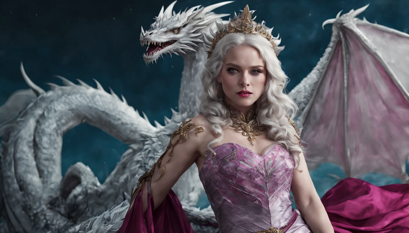 Queen of the White Dragon, mulher madura jovem, "Ema Stones", orelhas longas de elfos, vestido magenta elegante, mama grande, Curvy, dragon ling vawy hair, Cabelos Super Longos, soft facial features, White dragon horns on his head, mulher majestosa, silver decoration on her magenta dress, Rainha Estrela Prateada, Grandes olhos azuis, cherry lips, White dragons, starly sky
