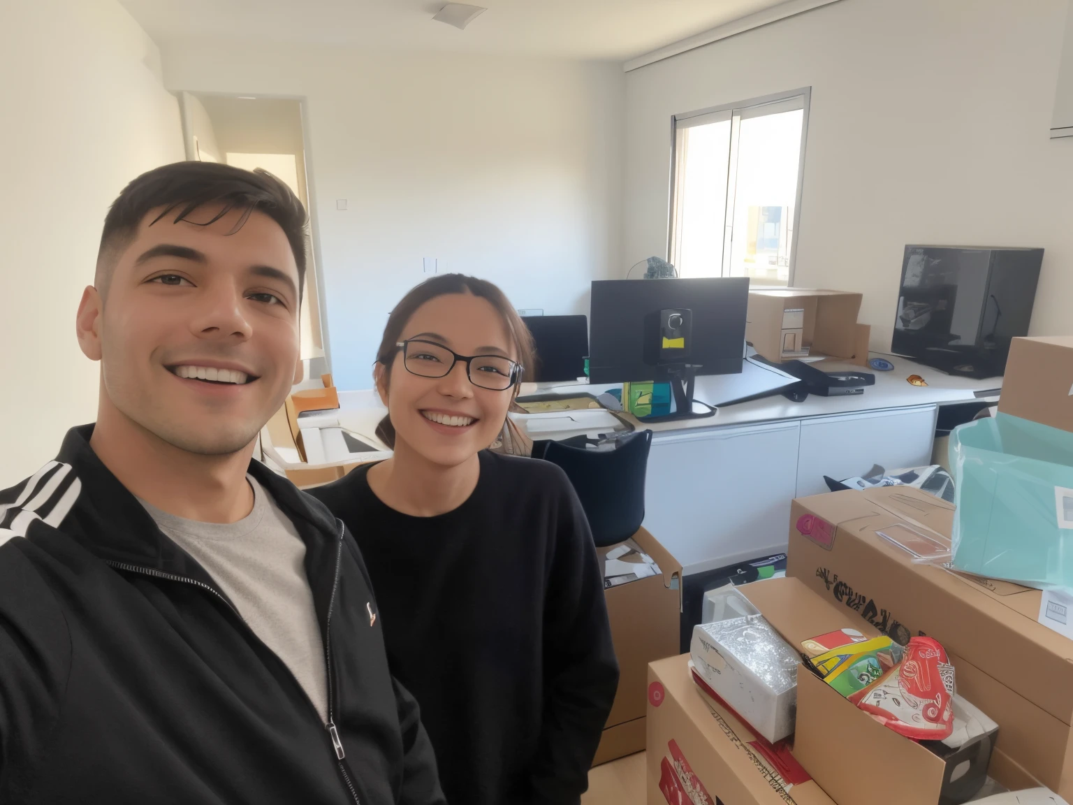 they are in a room with boxes and boxes of food, at office, Colegas, movente, in a japanese apartment, com um monte de coisas, foto de 2022, Postagem no Reddit, working in an office, por Romain brook, album photo, both smiling for the camera, in office, location in a apartment, arte mista, 8k!