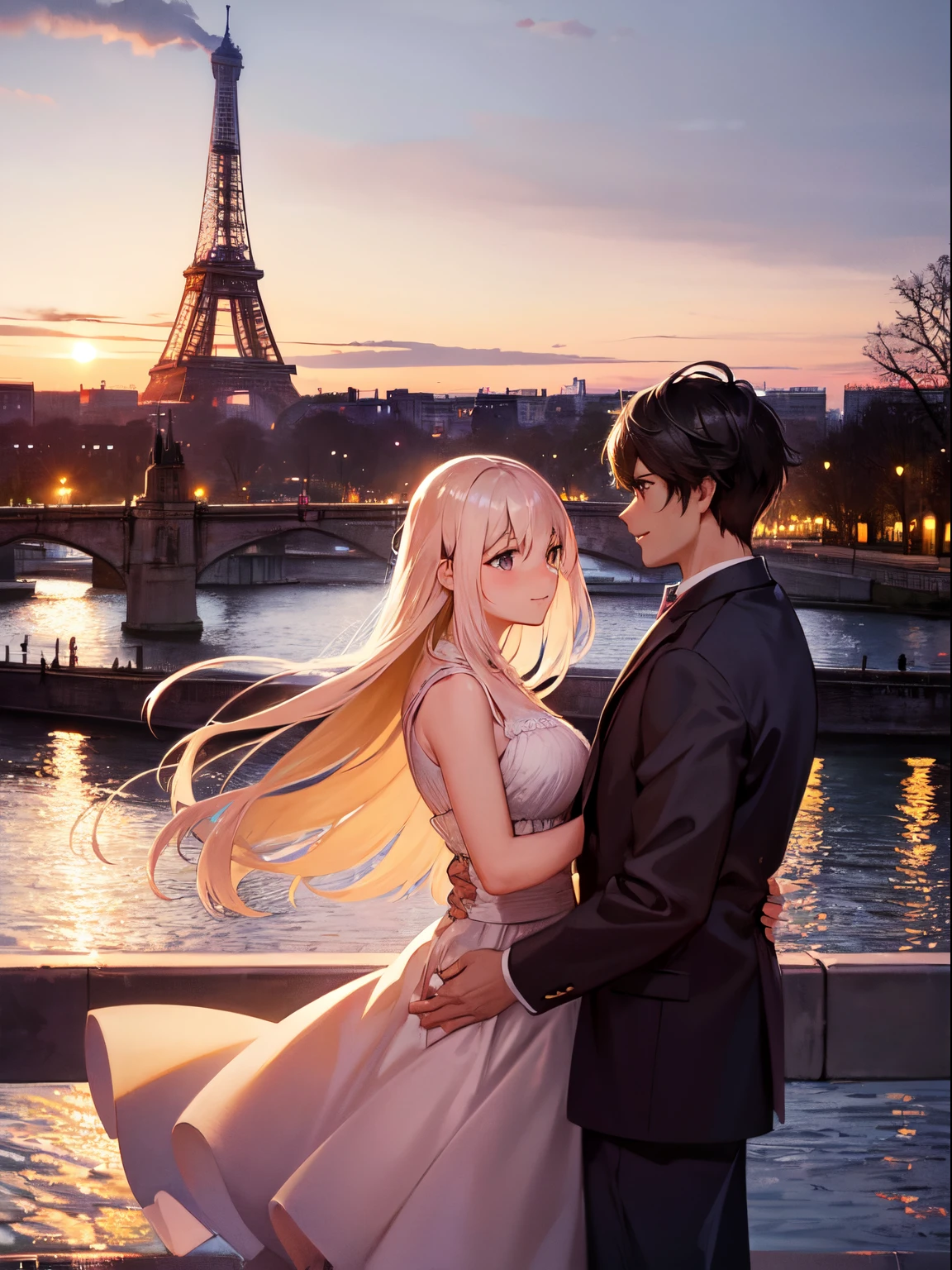 A couple stands in front of the Eiffel Tower at dusk, capturing a memorable moment. They hold a vibrant postcard featuring Parisian landmarks,(post card):1.3, The setting sun casts a soft, rosy hue over the scene, enhancing the tower's majestic silhouette. Around them, the city lights begin to twinkle, reflecting off the Seine River. The air is filled with the gentle hum of the bustling city and distant sounds of accordions, adding a romantic Parisian atmosphere. The couple's joyful expressions and the iconic backdrop create a perfect blend of travel and nostalgia.