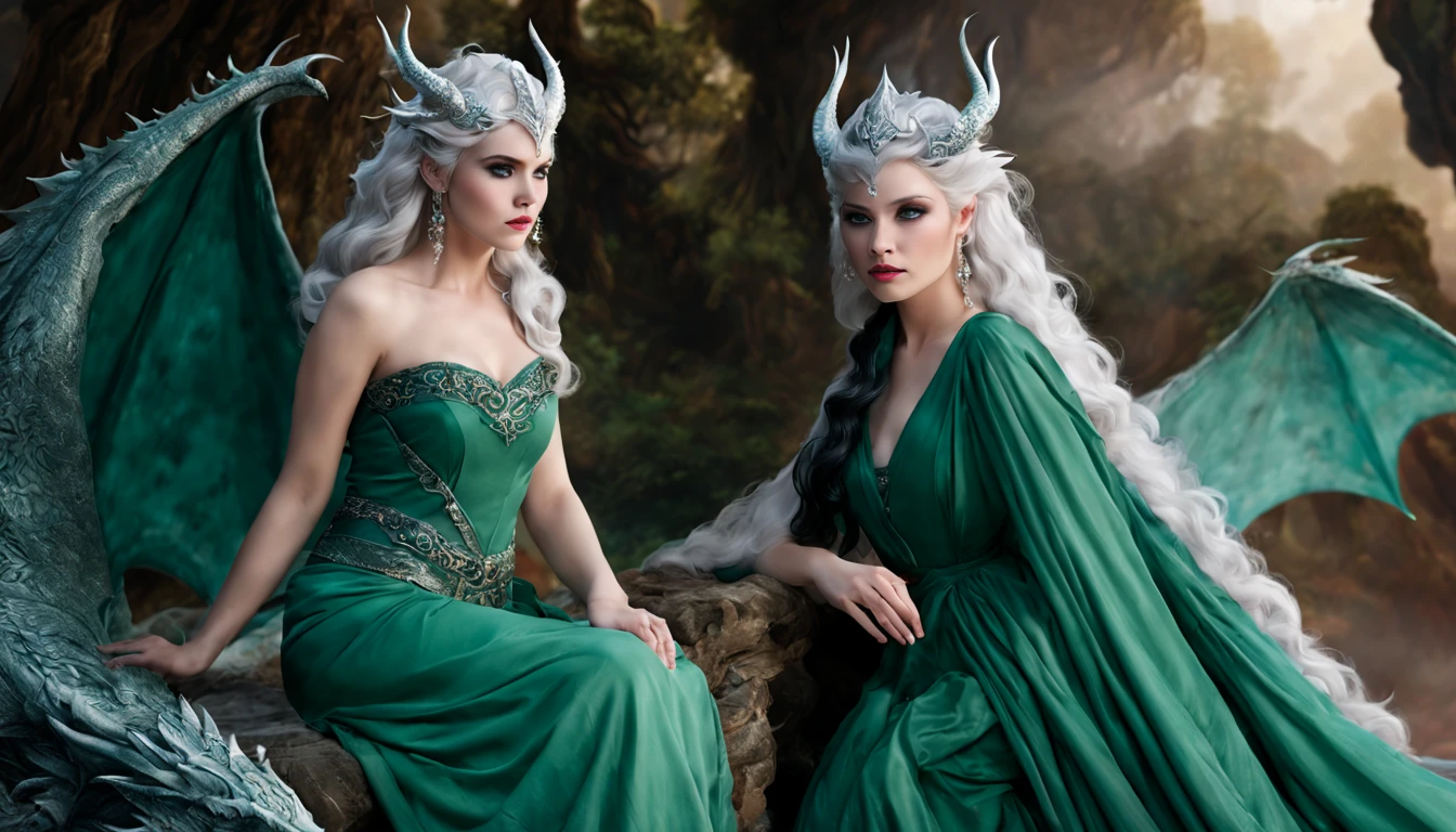 Queen of the White Dragon, mulher madura jovem, "Ema Stones", orelhas longas de elfos, vestido esmeralda elegante, mama grande, Curvy, dragon ling vawy hair, Cabelos Super Longos, soft facial features, White dragon horns on his head, mulher majestosa, silver decoration on her emerald dress, Rainha Estrela Prateada, Grandes olhos azuis, cherry lips, White dragons, starly sky