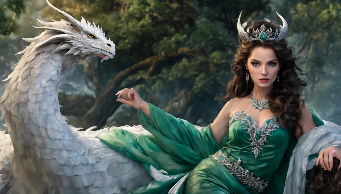 Queen of the White Dragon, mulher madura jovem, "Ema Stones", orelhas longas de elfos, vestido esmeralda elegante, mama grande, Curvy, dragon ling vawy hair, Cabelos Super Longos, soft facial features, White dragon horns on his head, mulher majestosa, silver decoration on her emerald dress, Rainha Estrela Prateada, Grandes olhos azuis, cherry lips, White dragons, starly sky