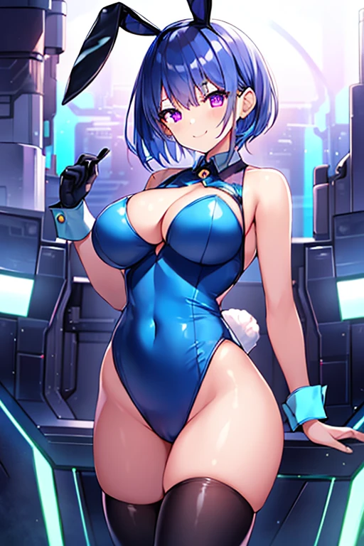 1girl, large breasts, wide hips, blue hair, very short hair, short hair, purple eyes, bunnysuit, science-fiction, tech, futuristic, machinery, smile, light smile, neon, neon trim, blue neon trim, black bunnysuit, bunny ears, rabbit ears, cutout