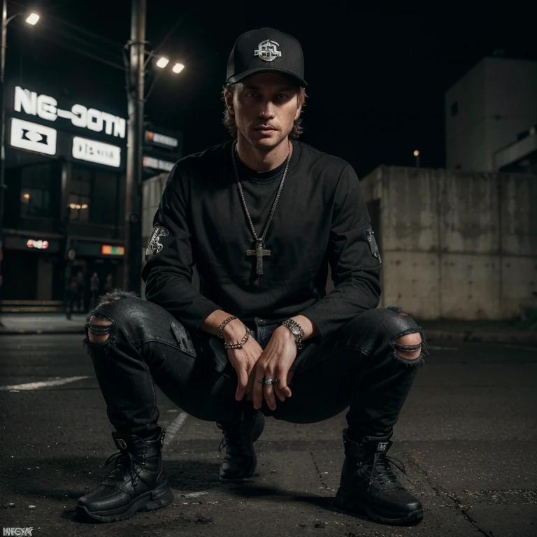 "(35-year-old Caucasian male in high quality and resolution, detailed face, full body) wearing an ultra-realistic streetwear:1.2 with a plain black shirt and a black trucker cap, black jeans with rips at knees, black boots, chain with cross pendant. Surrounded by a dystopian cyberpunk nightscape. "