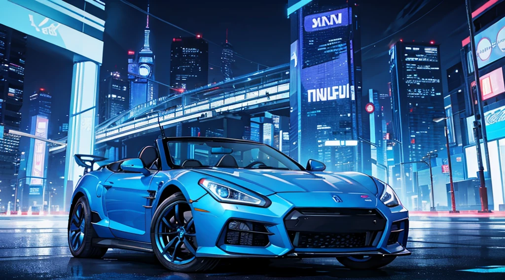 blue cyberpunk city, convertible car