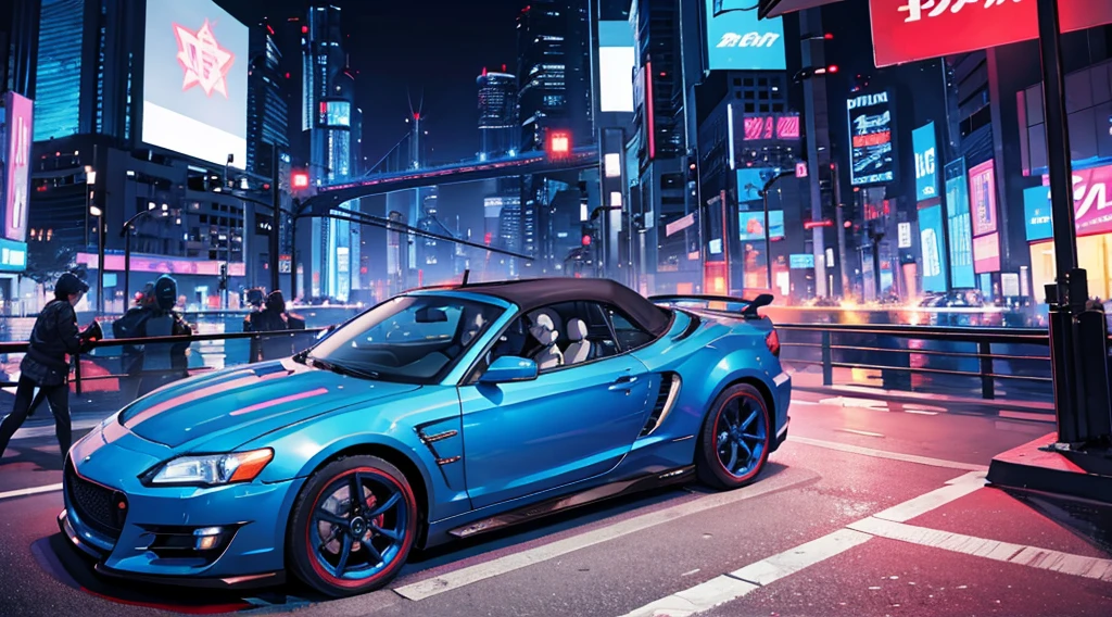 blue cyberpunk city, convertible car