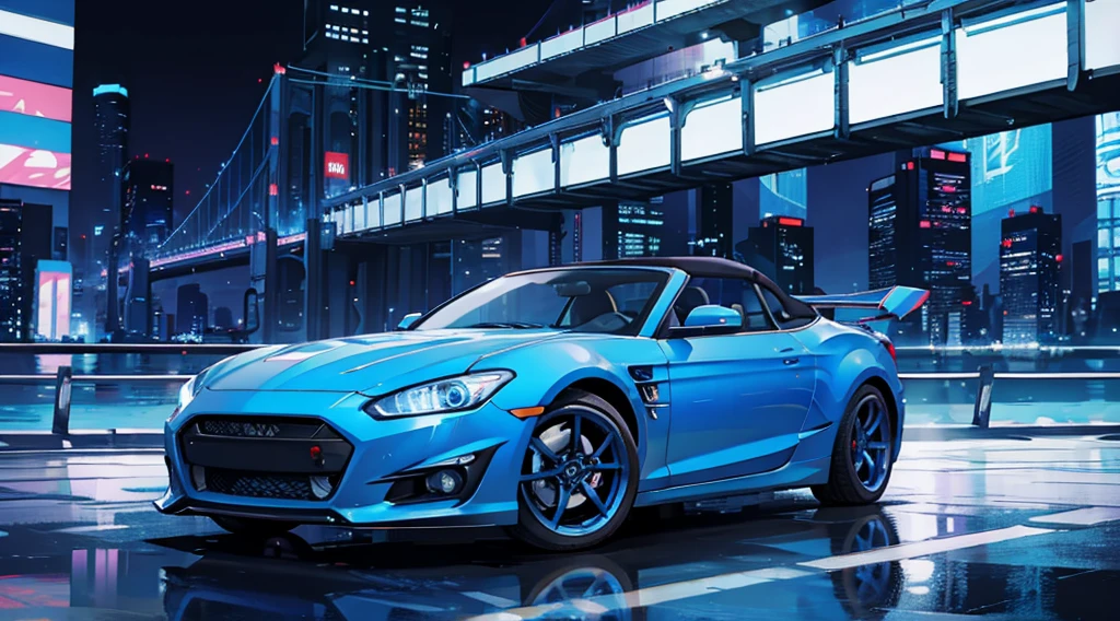 blue cyberpunk city, convertible car