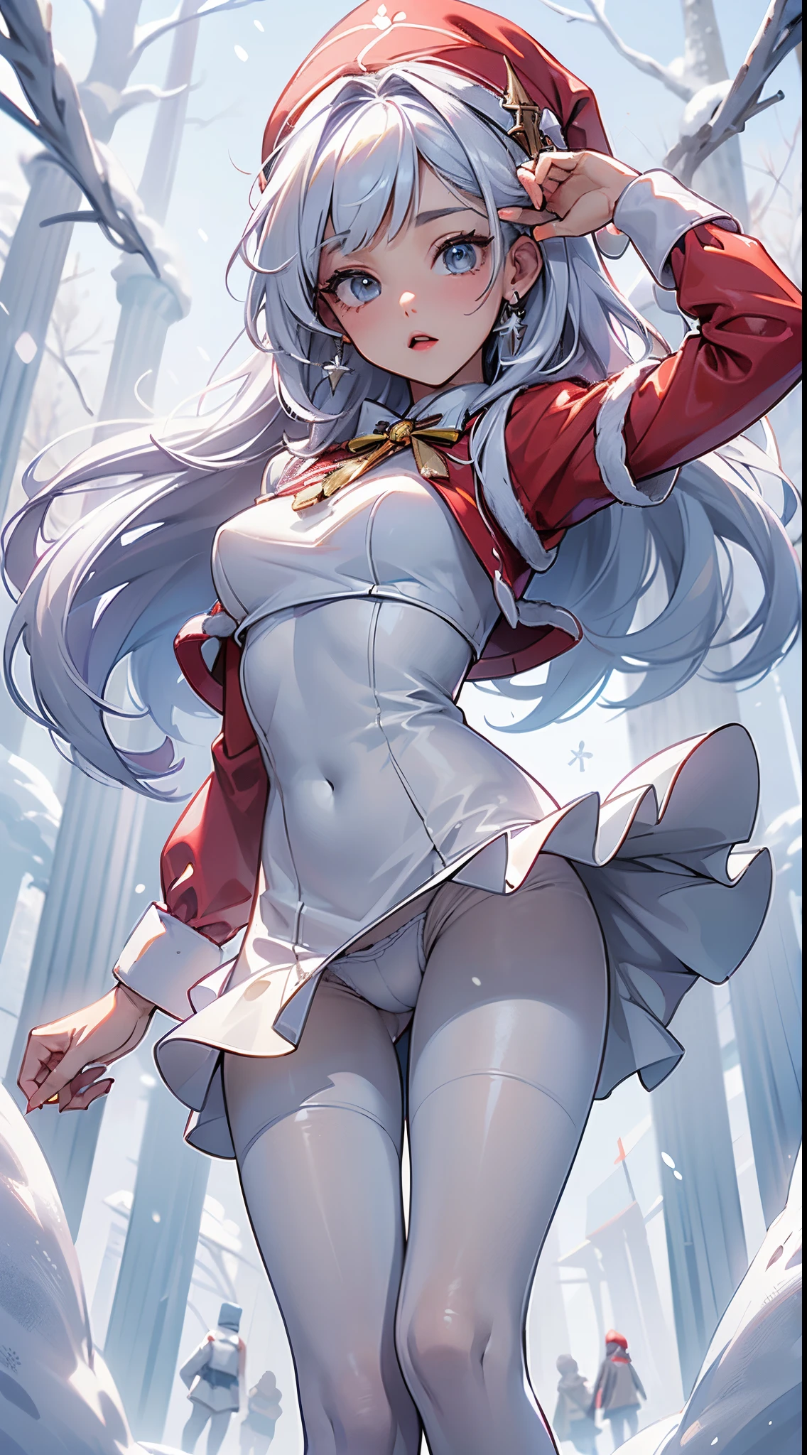 Ariana Grande  vestido con un traje de pie sobre un puente., y 2 k cutecore clowncore, Traje de sirvienta, ( en vestido white), Traje con volantes,(mini traje santa claus:1.4), (botas white muslo),(Medias white encaje), de un catboy! Sirvienta! vestido, fancy suit, Chica de anime con disfraz de sirvienta, vestido de sirvienta, vestido con volantes ((harapiento)), cuerpo completo! cara bonita,,More detailed 8K.motor irreal:1.4,UHD,La mejor calidad:1.4, fotorrealista:1.4, textura de la piel:1.4, obra maestra:1.8,obra-prima, mejor calidad,objeto Objeto], (detailed face features:1.3),(manos detailed),((Las proporciones correctas)),(Ojos hermosos azules),(convexo Dedos de camello)，(background forest white trees snow falling:1.4) ,(Copos de nieve:1.4),(Mostrar panties encaje white:1.4),(white glossy tights/pantyhose:1.4),