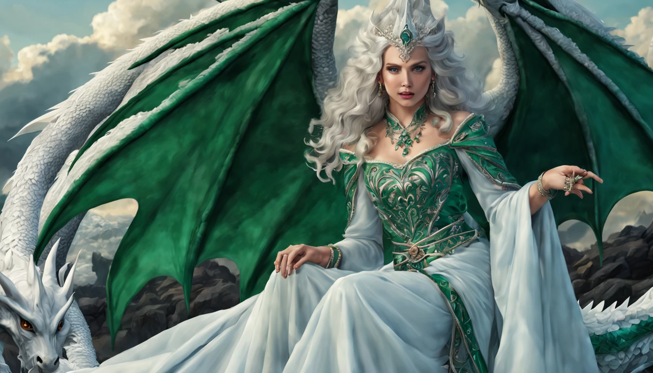 Queen of the White Dragon, mulher madura jovem, "Ema Stones", orelhas longas de elfos, vestido esmeralda elegante, mama grande, Curvy, dragon ling vawy hair, Cabelos Super Longos, soft facial features, White dragon horns on his head, mulher majestosa, silver decoration on her emerald dress, Rainha Estrela Prateada, Grandes olhos azuis, cherry lips, White dragons, starly sky