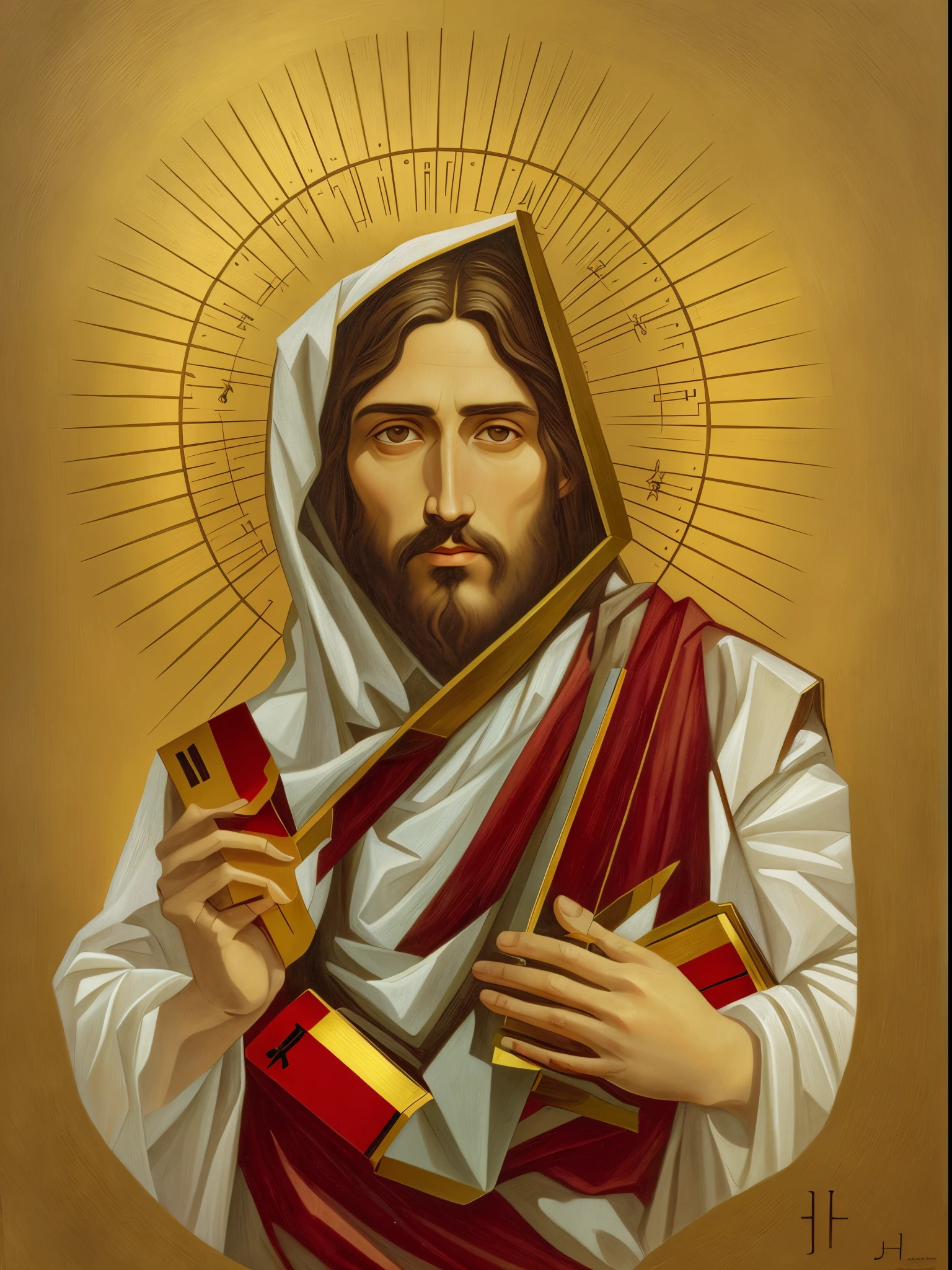 painting of jesus holding a cross and a card in his hands, catholic icon, portrait of jesus christ, jesus of nazareth, cyberpunk jesus christ, by Carlo Martini, catholic religious art, by Juan O'Gorman, jesus, roman catholic icon, artist unknown, masterpiece work of art, religious art, jesus christ, religious iconography