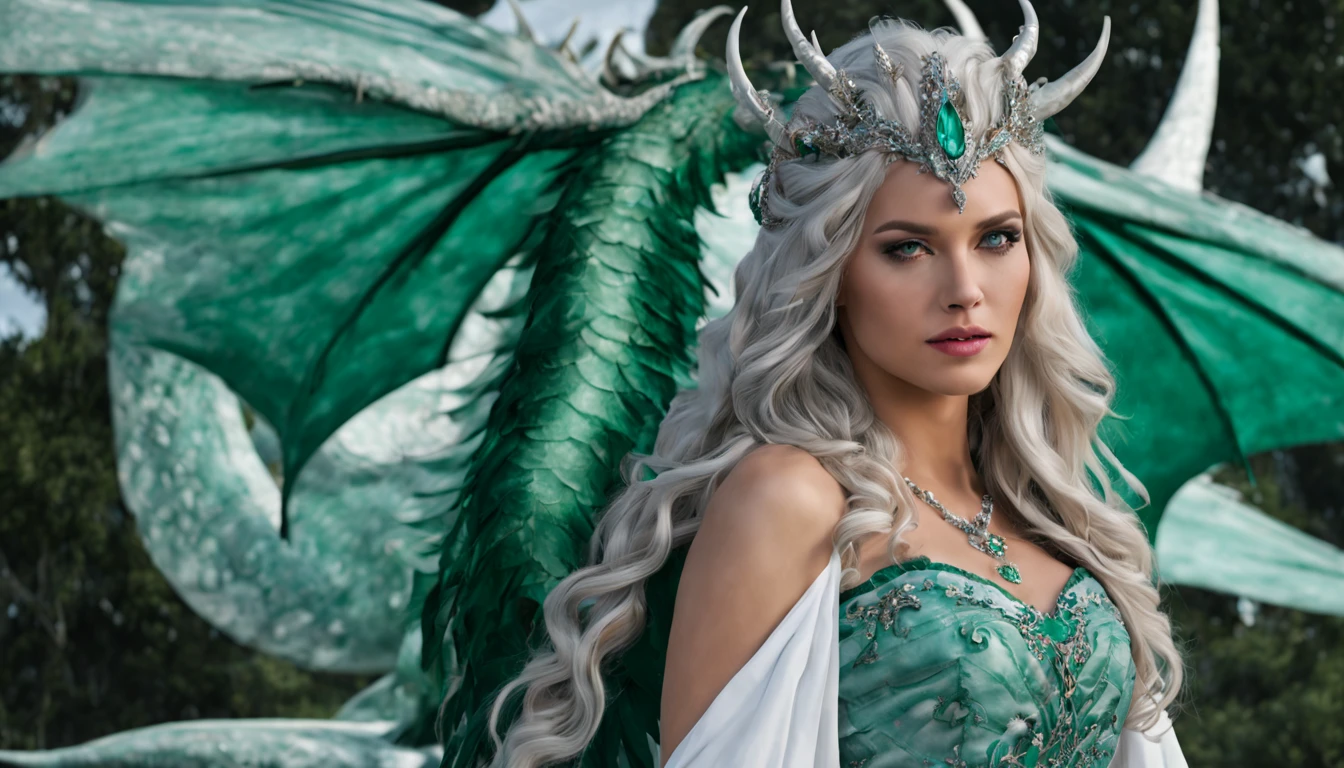 Queen of the White Dragon, mulher madura jovem, "Ema Stones", orelhas longas de elfos, vestido esmeralda elegante, mama grande, Curvy, dragon ling vawy hair, Cabelos Super Longos, soft facial features, White dragon horns on his head, mulher majestosa, silver decoration on her emerald dress, Rainha Estrela Prateada, Grandes olhos azuis, cherry lips, White dragons, starly sky