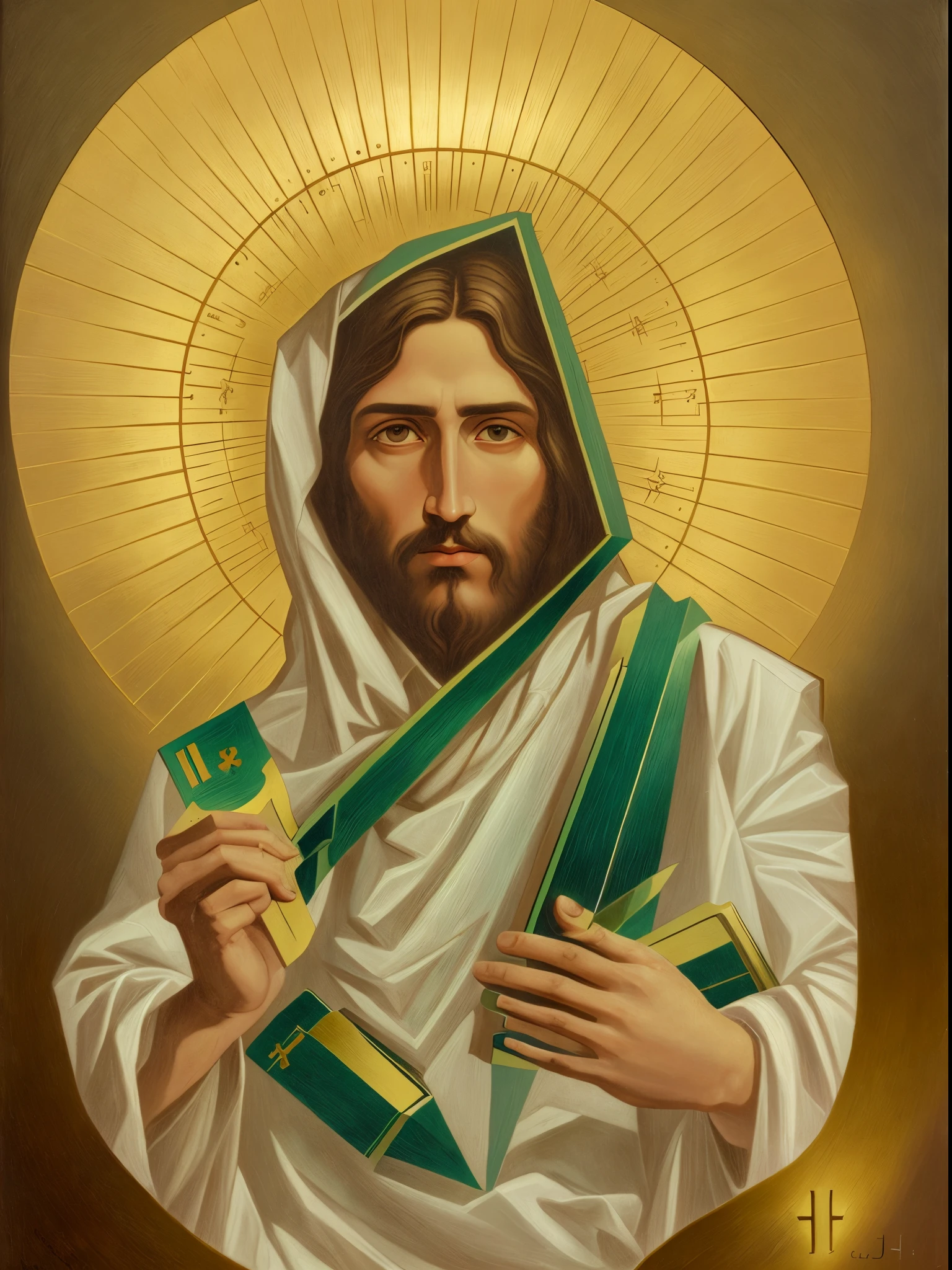 painting of jesus holding a cross and a card in his hands, catholic icon, portrait of jesus christ, jesus of nazareth, cyberpunk jesus christ, by Carlo Martini, catholic religious art, by Juan O'Gorman, jesus, roman catholic icon, artist unknown, masterpiece work of art, religious art, jesus christ, religious iconography