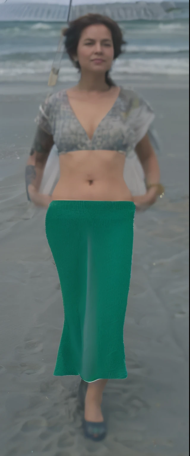 there  a woman walking on the beach with an umbrella, mermaid body, waist - shot, tinyest midriff ever, middle shot waist up, close up half body shot, hand on hips, visible belly, hand on hip, modeled in poser, mermaid in distance, zoomed out full body, exposed midriff, half body cropping, untextured