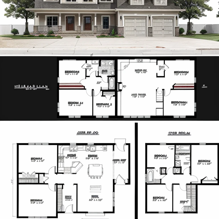 A layout plan for a 2 story home including a basement. House needs at least 4 bedrooms and 3 bathrooms.