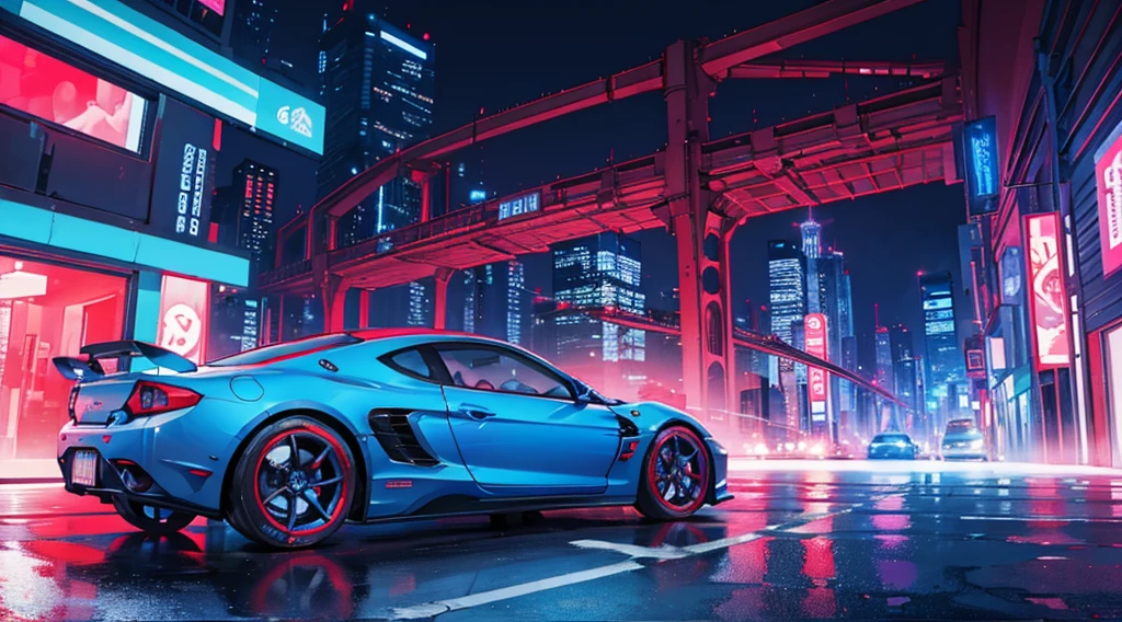 blue cyberpunk city, red sports car